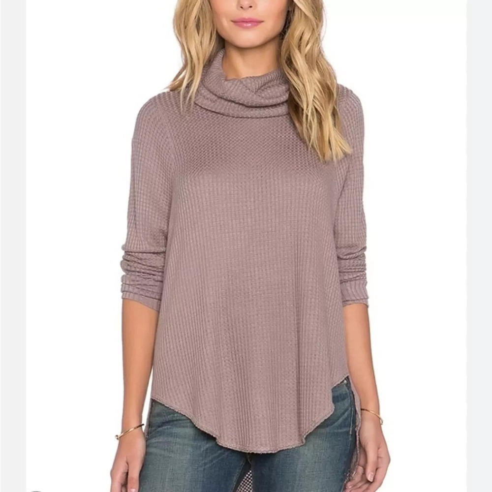 Free People Long Sleeve Thermal Top Womens M Beige‎ Cowl Neck Hi-Low Raw Edges
